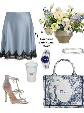 Light Blue Satin Lace Hem A-Line Skirt